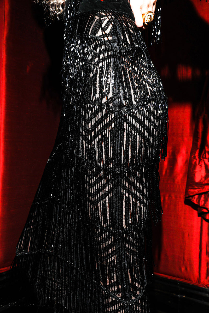 Black Crystal Fringe Sequin Evening  Dress