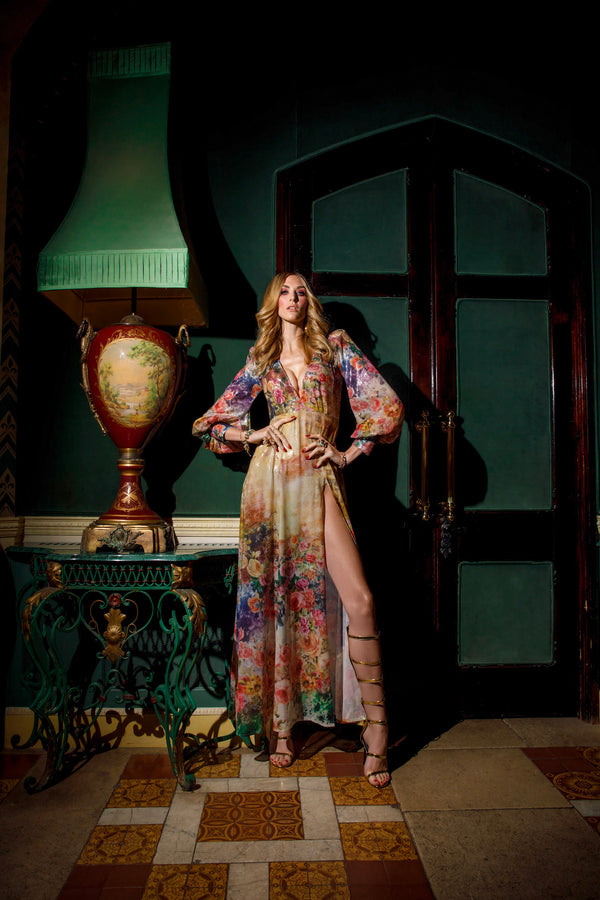 Long Flower Digital printed Sequin Gown