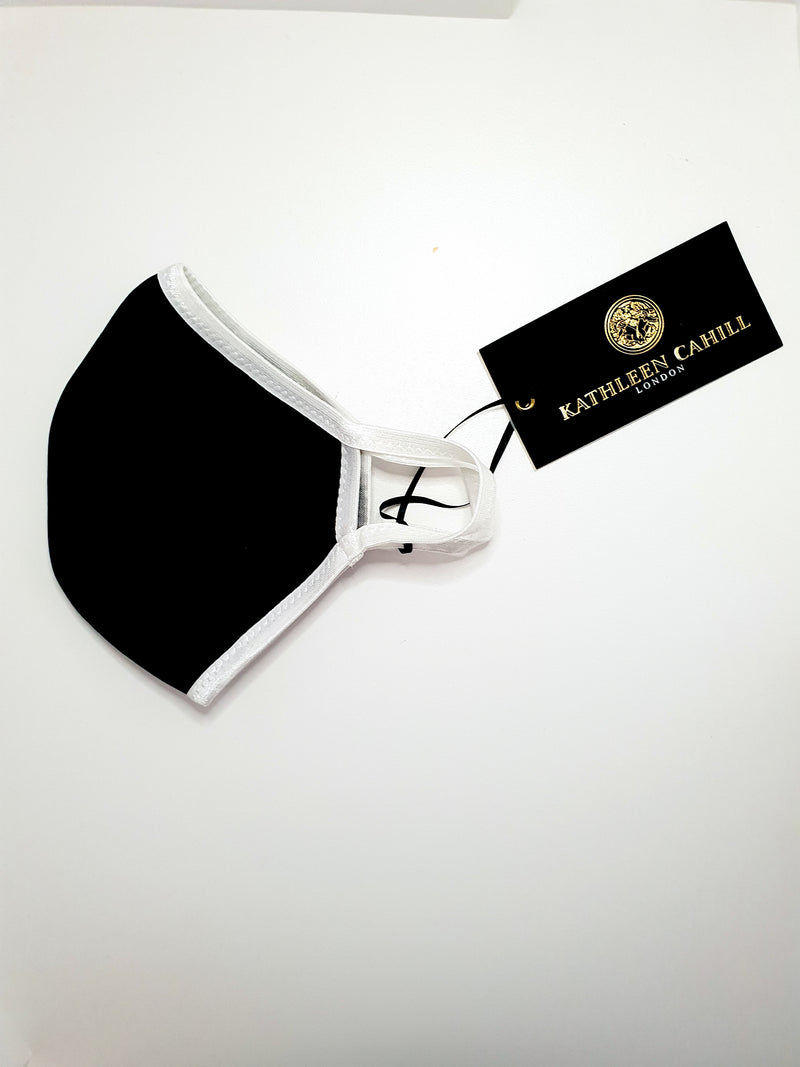 High-End luxury Designer Mask: Black Ear-Loop Mask with satin white trim.